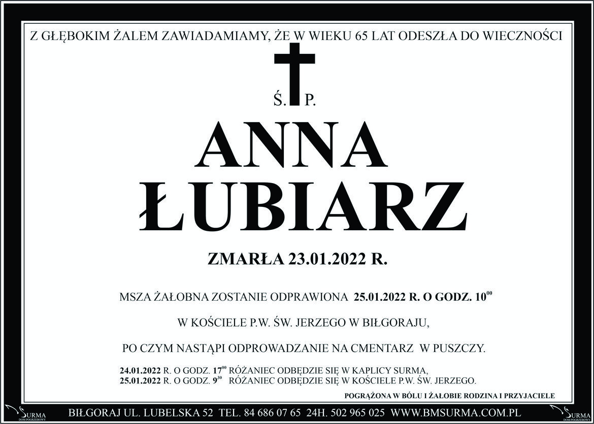 Ś.P. ANNA ŁUBIARZ