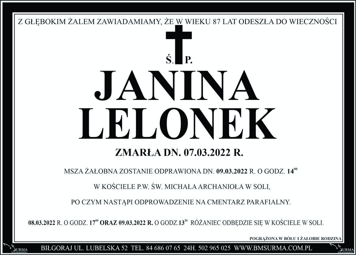 Ś.P. JANINA LELONEK
