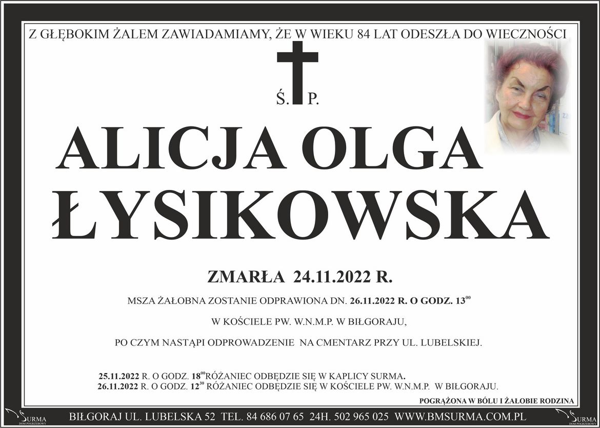 Ś.P. ALICJA OLGA ŁYSIKOWSKA