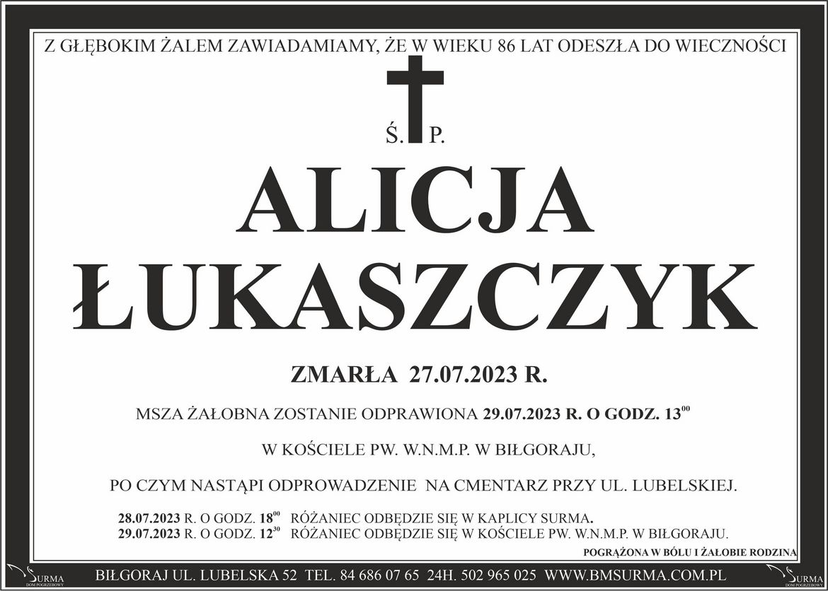 Ś.P. ALICJA ŁUKASZCZYK