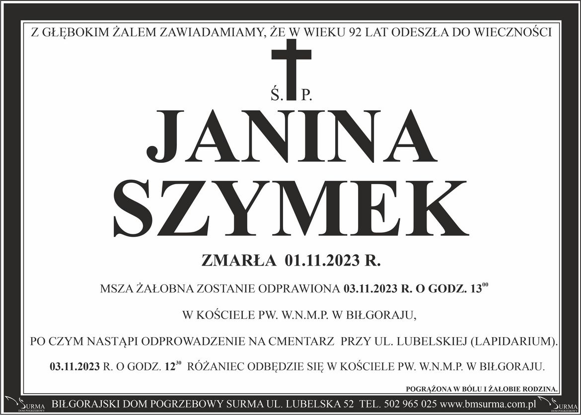 Ś.P. JANINA SZYMEK