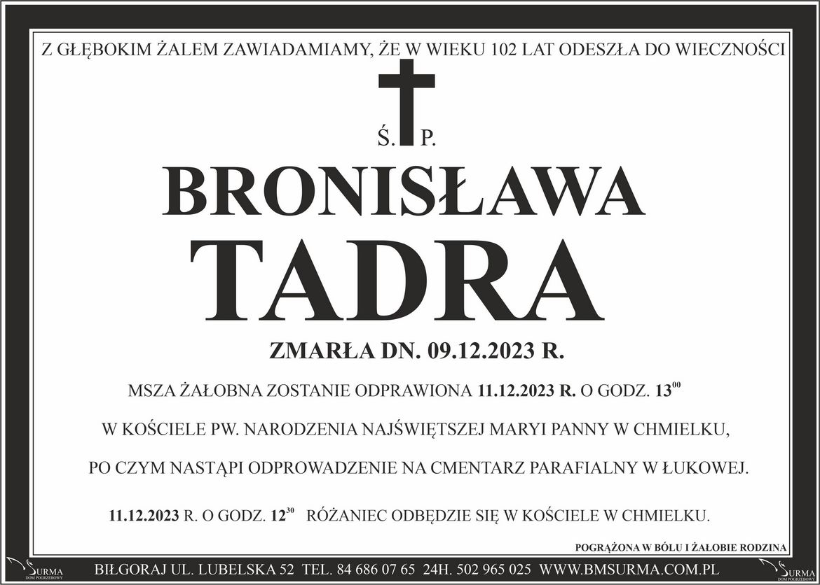 Ś.P. BRONISŁAWA TADRA